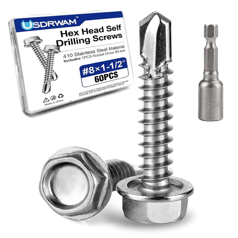 Usdrwam 60Pcs #8×1-1/2" Self Tapping Screws for Metal, 410 Stainless Steel Hex Washer Head Sheet Metal Screw - Image 1